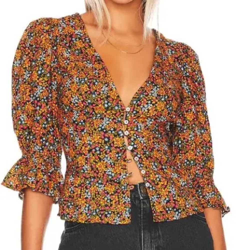 Free People I Found You Button Front Multi Floral Puff Sleeve‎ Top XS
